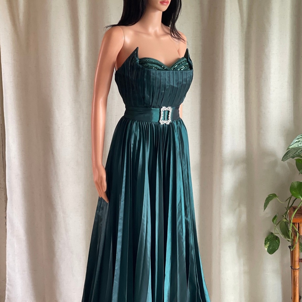 Emerald Green Pleated‎ Strapless Gown Sequin Corset Prom Dress Size 6